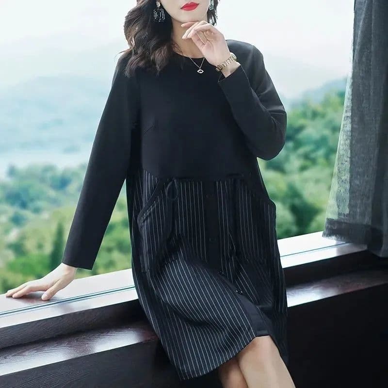 2026 봄 새로운 중노년 어머니 드레스 루즈핏 빅 사이즈 여성 의류 표지 배 슬림해 보이는 치마 중간 길이 드레스 상세 이미지 5