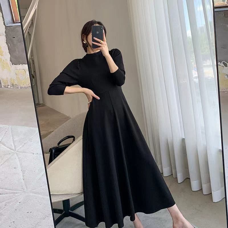 검정색 긴팔 드레스 봄 가을 새로운 한국 스타일 허리 수축 슬림해 보이는 인터넷 유명인 큰 진자 치마