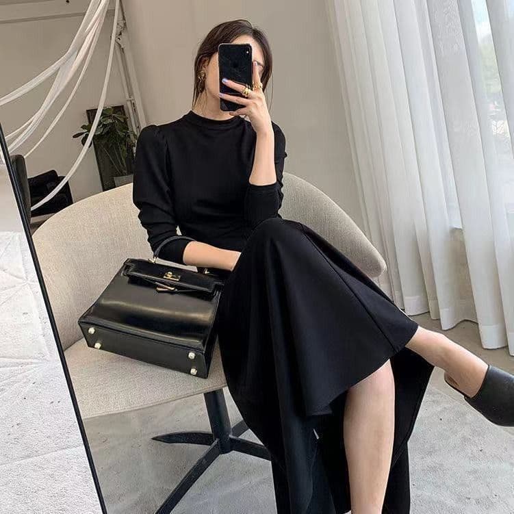 검정색 긴팔 드레스 봄 가을 새로운 한국 스타일 허리 수축 슬림해 보이는 인터넷 유명인 큰 진자 치마 이미지 3