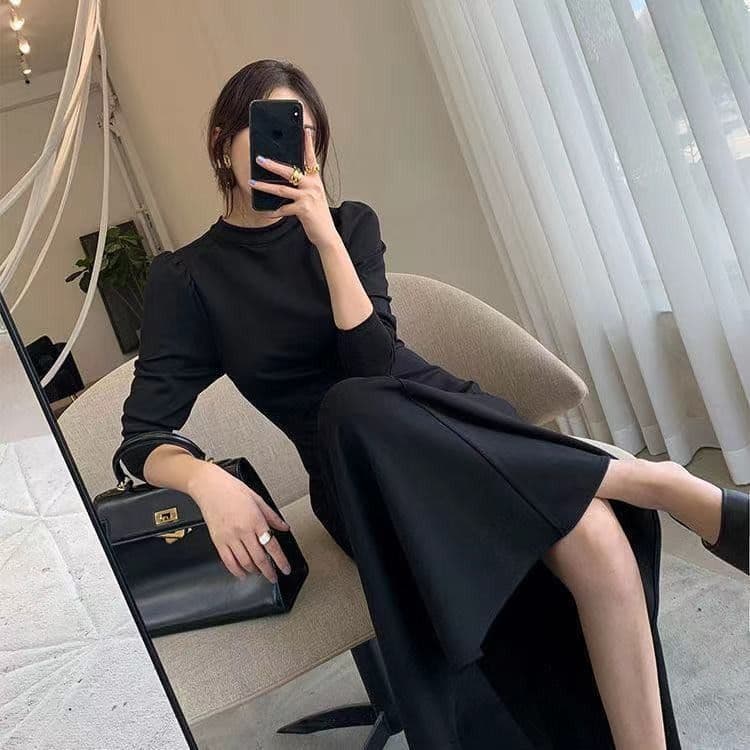 검정색 긴팔 드레스 봄 가을 새로운 한국 스타일 허리 수축 슬림해 보이는 인터넷 유명인 큰 진자 치마 이미지 2