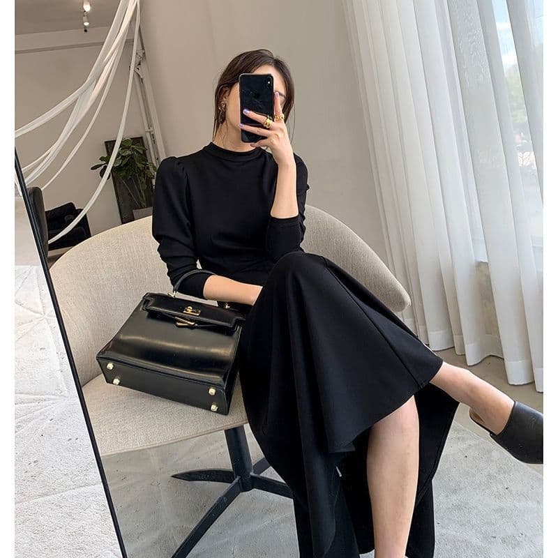 검정색 긴팔 드레스 봄 가을 새로운 한국 스타일 허리 수축 슬림해 보이는 인터넷 유명인 큰 진자 치마 상세 이미지 8