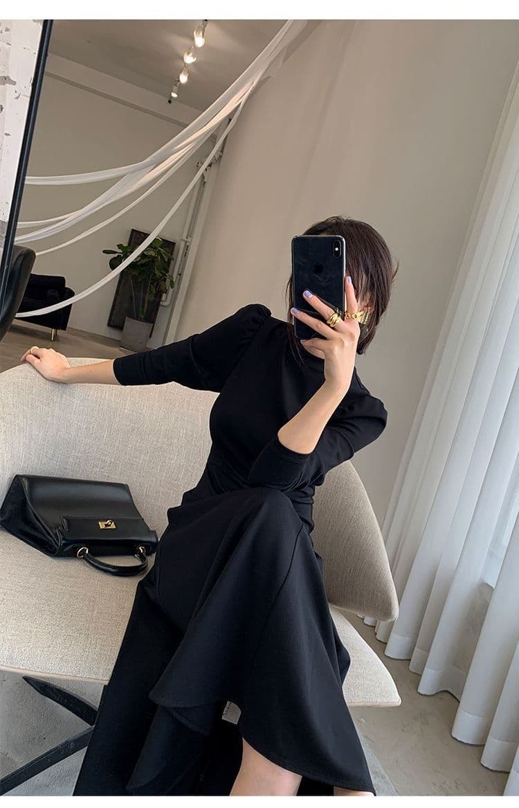 검정색 긴팔 드레스 봄 가을 새로운 한국 스타일 허리 수축 슬림해 보이는 인터넷 유명인 큰 진자 치마 상세 이미지 9