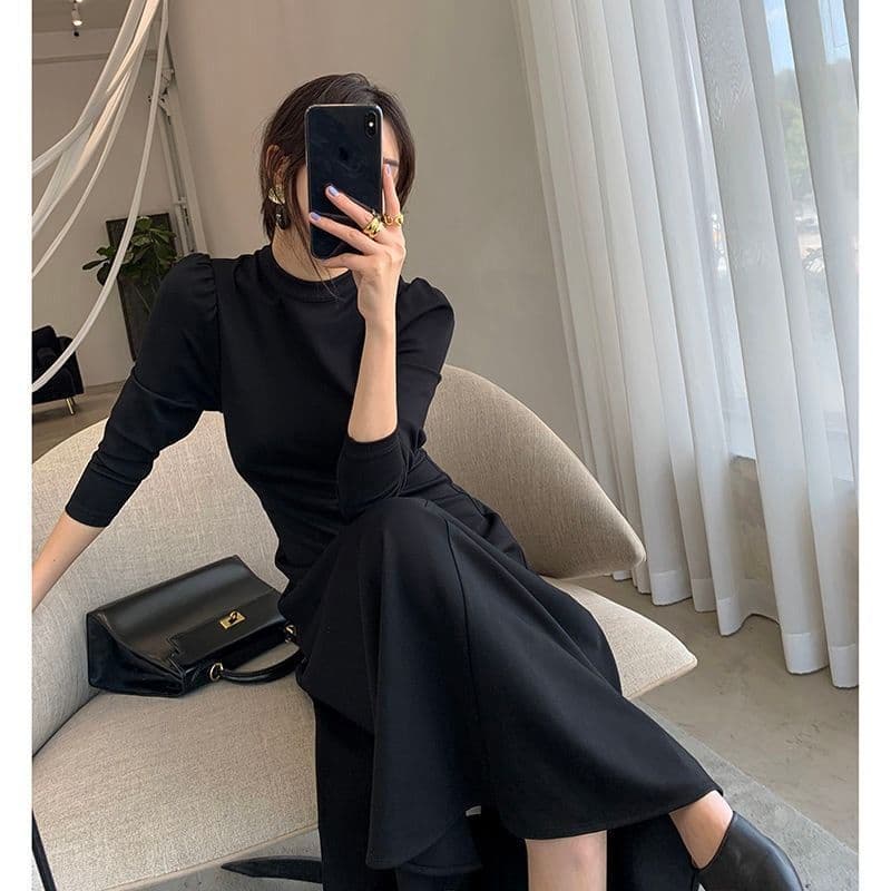 검정색 긴팔 드레스 봄 가을 새로운 한국 스타일 허리 수축 슬림해 보이는 인터넷 유명인 큰 진자 치마 상세 이미지 10
