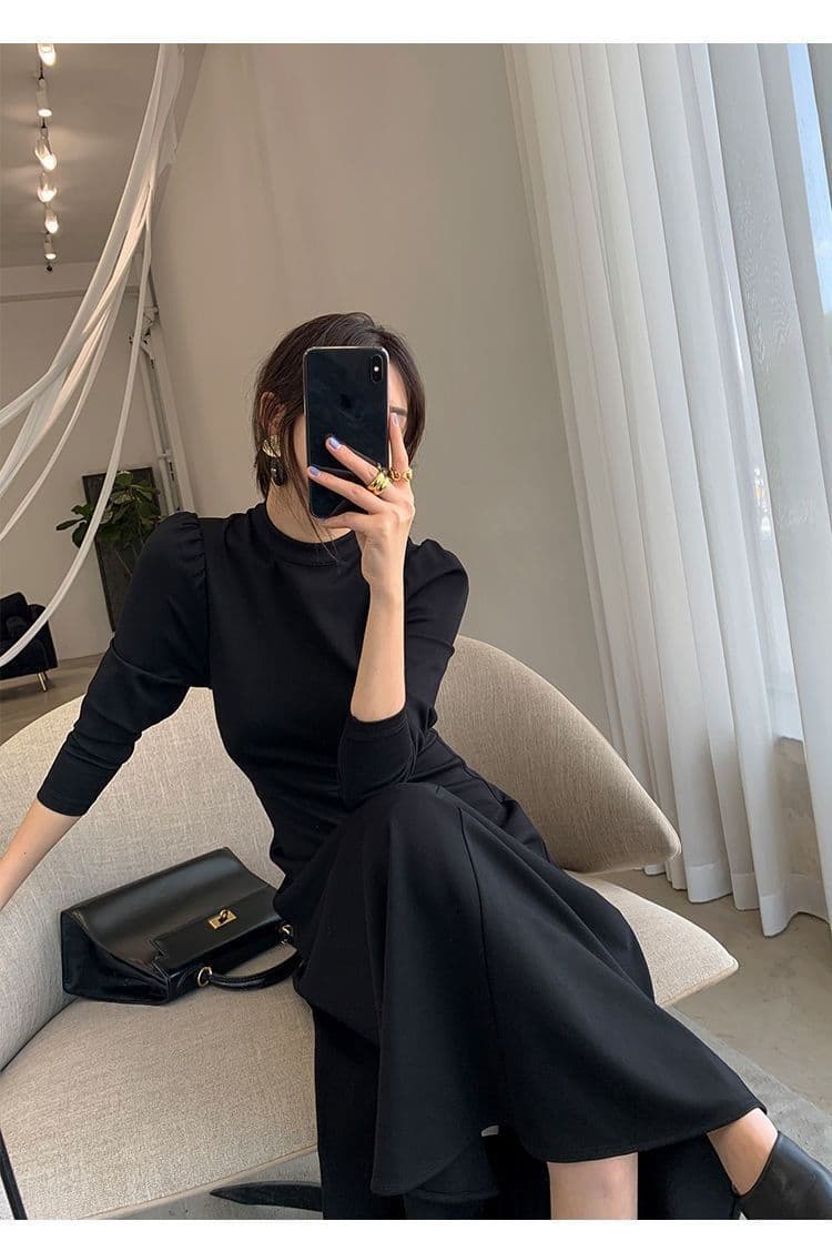 검정색 긴팔 드레스 봄 가을 새로운 한국 스타일 허리 수축 슬림해 보이는 인터넷 유명인 큰 진자 치마 상세 이미지 11