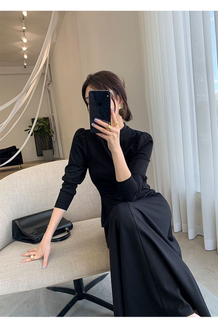 검정색 긴팔 드레스 봄 가을 새로운 한국 스타일 허리 수축 슬림해 보이는 인터넷 유명인 큰 진자 치마 상세 이미지 13