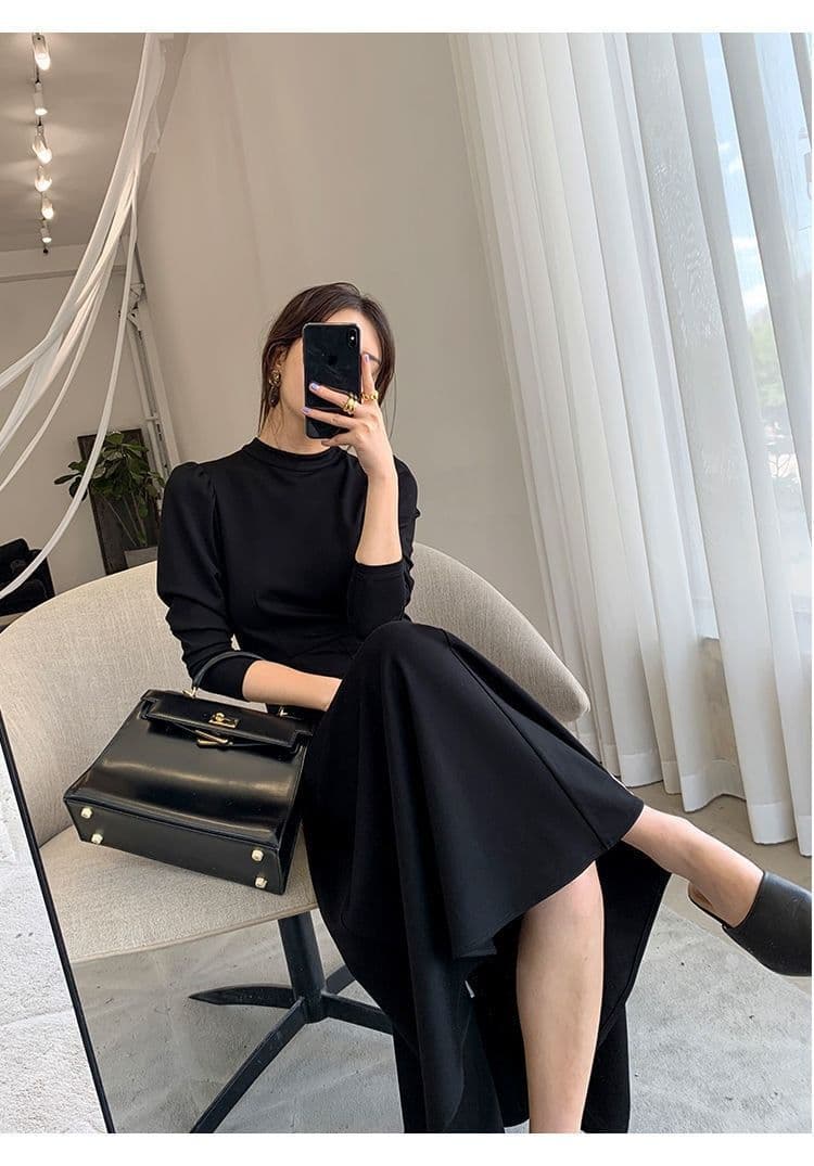 검정색 긴팔 드레스 봄 가을 새로운 한국 스타일 허리 수축 슬림해 보이는 인터넷 유명인 큰 진자 치마 상세 이미지 14