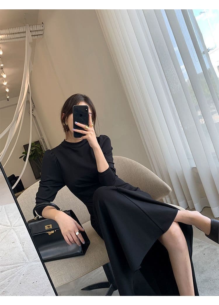 검정색 긴팔 드레스 봄 가을 새로운 한국 스타일 허리 수축 슬림해 보이는 인터넷 유명인 큰 진자 치마 상세 이미지 15
