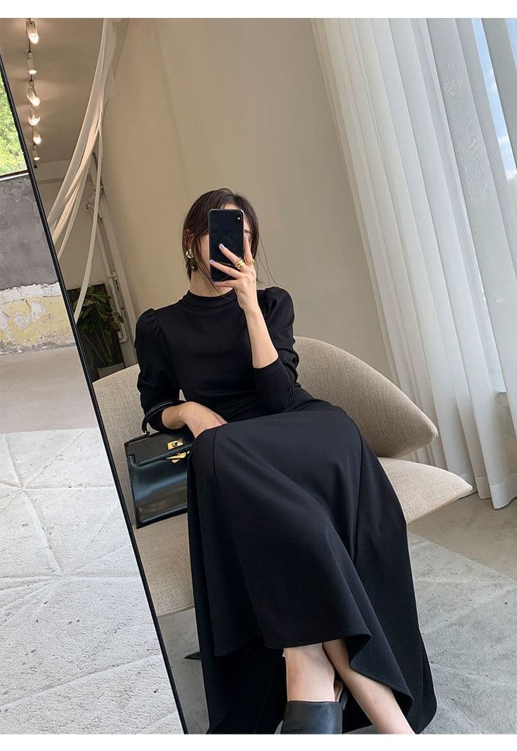 검정색 긴팔 드레스 봄 가을 새로운 한국 스타일 허리 수축 슬림해 보이는 인터넷 유명인 큰 진자 치마 상세 이미지 16