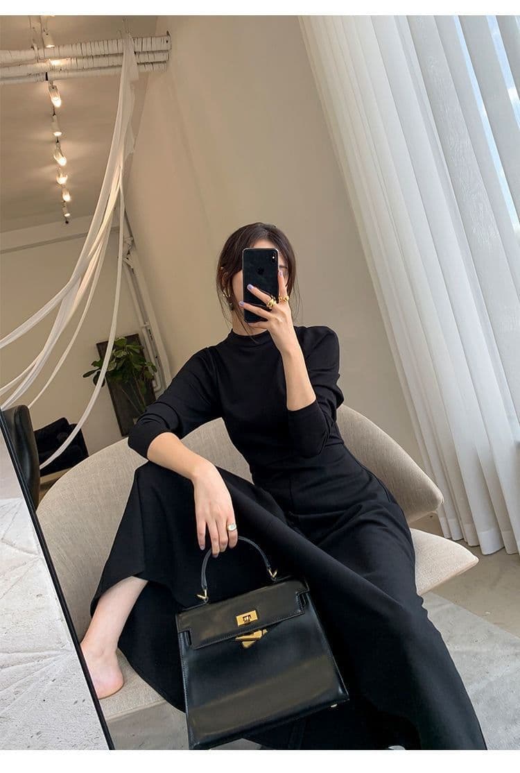 검정색 긴팔 드레스 봄 가을 새로운 한국 스타일 허리 수축 슬림해 보이는 인터넷 유명인 큰 진자 치마 상세 이미지 17