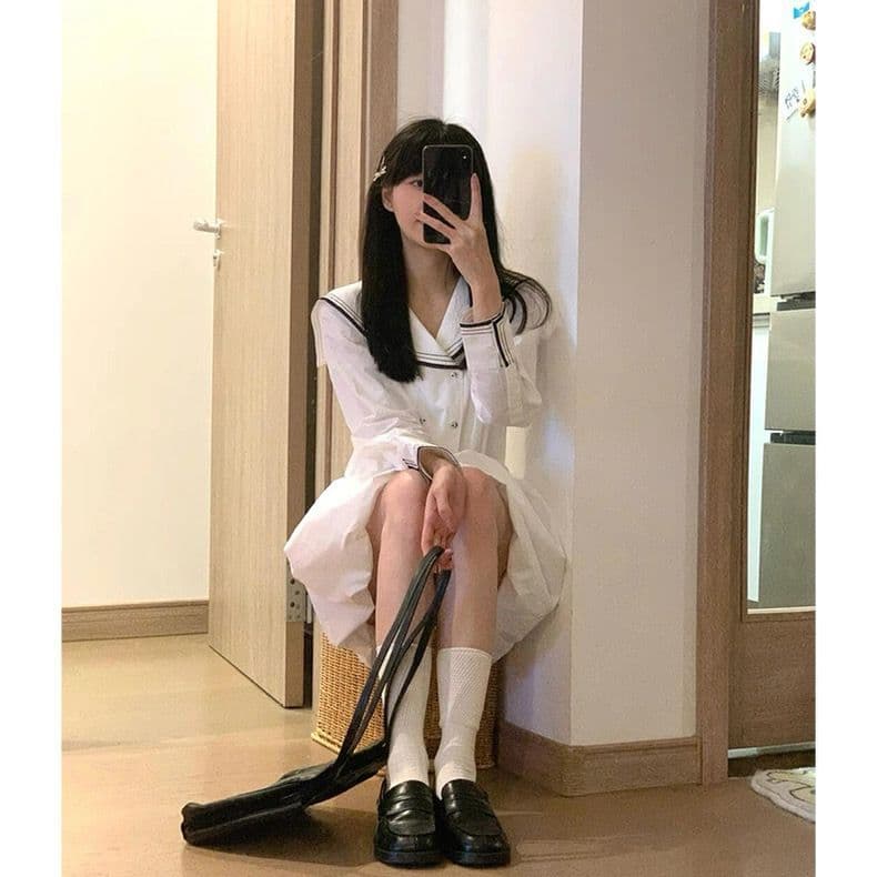 한 부서 패션 디자인 센스 작은 대중 해군 칼라 패치워크 드레스 여자 학생 여름 허리 수축 슬림해 보이는 꽃밭 치마 상세 이미지 1