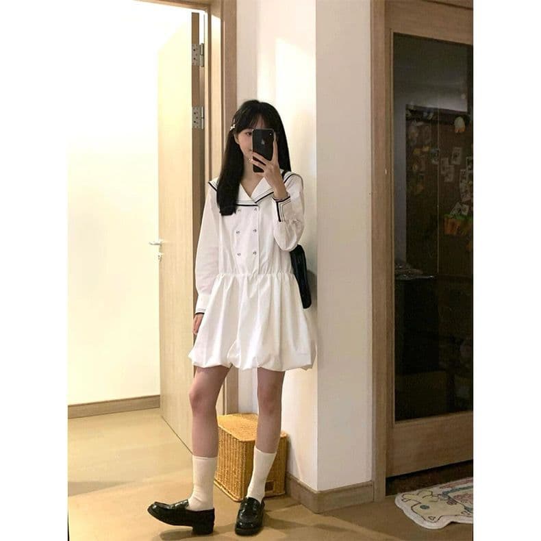 한 부서 패션 디자인 센스 작은 대중 해군 칼라 패치워크 드레스 여자 학생 여름 허리 수축 슬림해 보이는 꽃밭 치마 상세 이미지 4