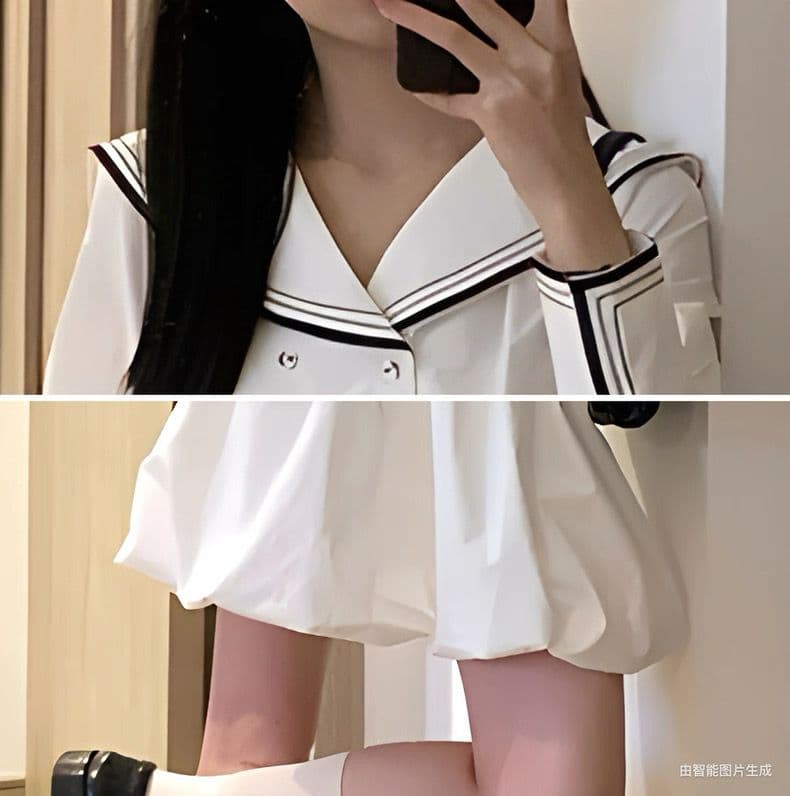 한 부서 패션 디자인 센스 작은 대중 해군 칼라 패치워크 드레스 여자 학생 여름 허리 수축 슬림해 보이는 꽃밭 치마 상세 이미지 6