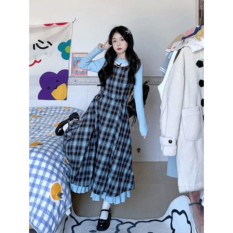 2026 이른 가을 새로운 레트로 페이크 레이어드 블루 브라운 나비 매듭 패치워크 체크무늬 드레스 허리 수축 슬림해 보이는 롱 스커트 이미지 5