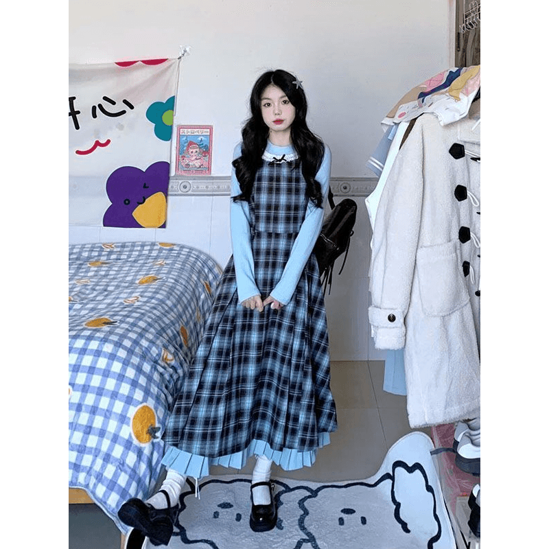 2026 이른 가을 새로운 레트로 페이크 레이어드 블루 브라운 나비 매듭 패치워크 체크무늬 드레스 허리 수축 슬림해 보이는 롱 스커트