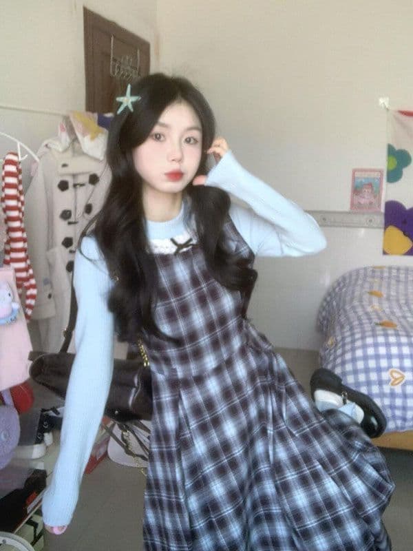 2026 이른 가을 새로운 레트로 페이크 레이어드 블루 브라운 나비 매듭 패치워크 체크무늬 드레스 허리 수축 슬림해 보이는 롱 스커트 상세 이미지 3