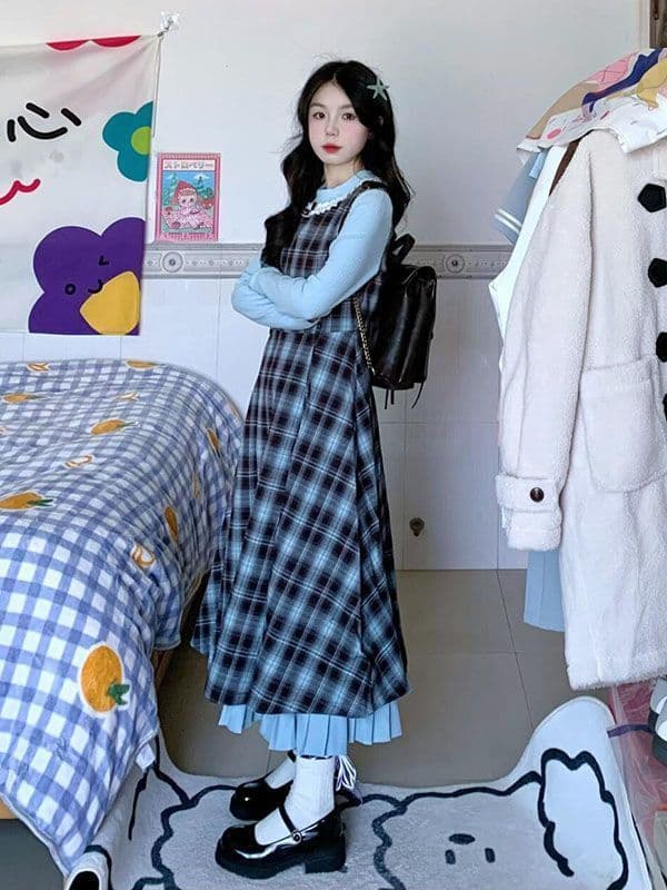 2026 이른 가을 새로운 레트로 페이크 레이어드 블루 브라운 나비 매듭 패치워크 체크무늬 드레스 허리 수축 슬림해 보이는 롱 스커트 상세 이미지 6