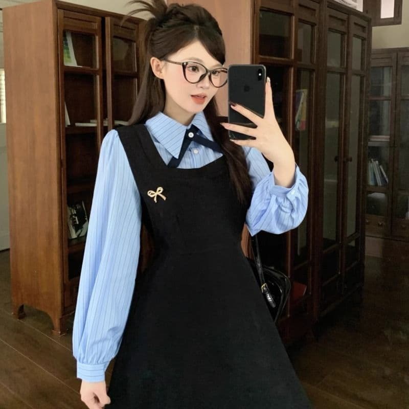 한국 스타일 학원 스타일 페이크 레이어드 드레스 여성 의류 가을 새로운 차 휴식 디자인 센스 POLO 칼라 허리 수축 중간 길이 스커트 이미지 3