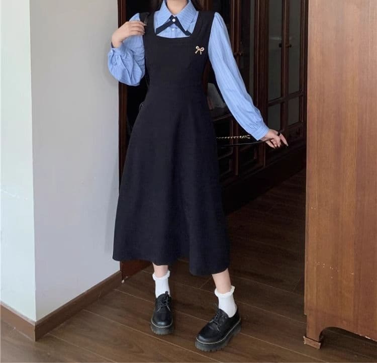 한국 스타일 학원 스타일 페이크 레이어드 드레스 여성 의류 가을 새로운 차 휴식 디자인 센스 POLO 칼라 허리 수축 중간 길이 스커트 상세 이미지 1