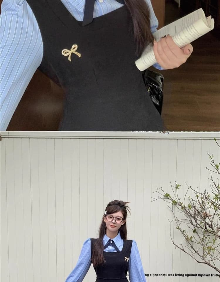 한국 스타일 학원 스타일 페이크 레이어드 드레스 여성 의류 가을 새로운 차 휴식 디자인 센스 POLO 칼라 허리 수축 중간 길이 스커트 상세 이미지 4