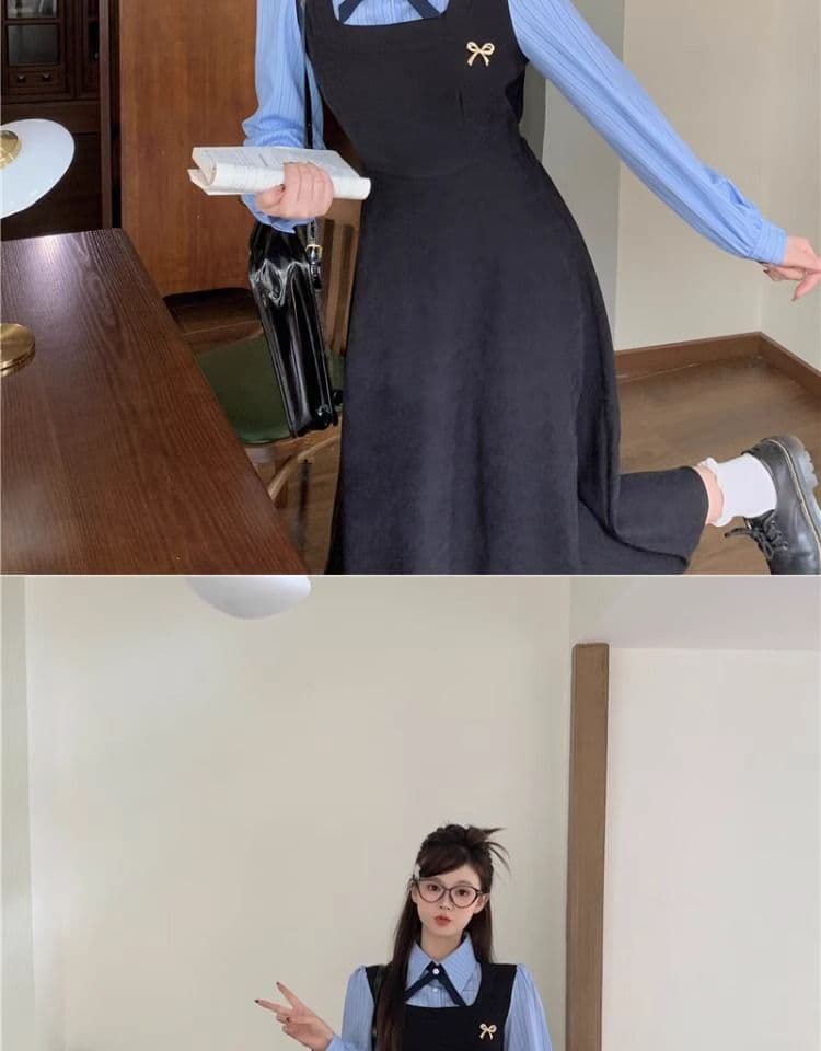 한국 스타일 학원 스타일 페이크 레이어드 드레스 여성 의류 가을 새로운 차 휴식 디자인 센스 POLO 칼라 허리 수축 중간 길이 스커트 상세 이미지 6