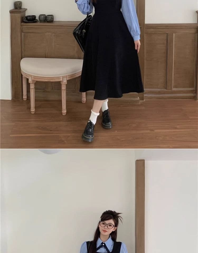 한국 스타일 학원 스타일 페이크 레이어드 드레스 여성 의류 가을 새로운 차 휴식 디자인 센스 POLO 칼라 허리 수축 중간 길이 스커트 상세 이미지 7