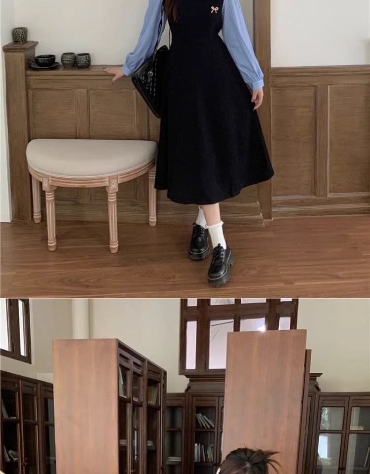 한국 스타일 학원 스타일 페이크 레이어드 드레스 여성 의류 가을 새로운 차 휴식 디자인 센스 POLO 칼라 허리 수축 중간 길이 스커트 상세 이미지 8