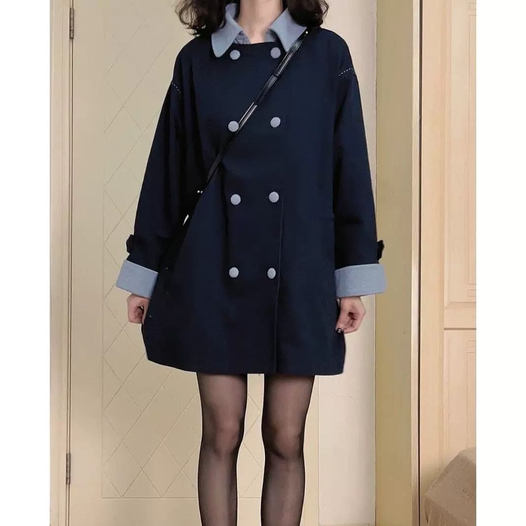 가을 그는 벤 바람 해군 캐주얼 루즈핏 재킷 재킷 2026 새로운 여자 중간 롱 코트 고급 센스 작은 키 이미지 5
