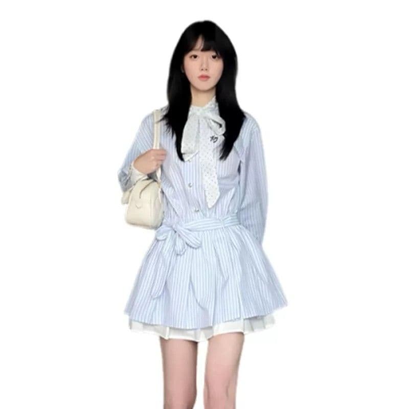 2026 한 부서 고급 센스 패치워크 배색 스트라이프 긴팔 드레스 이른 가을 허리 수축 미니 스커트 이미지 2