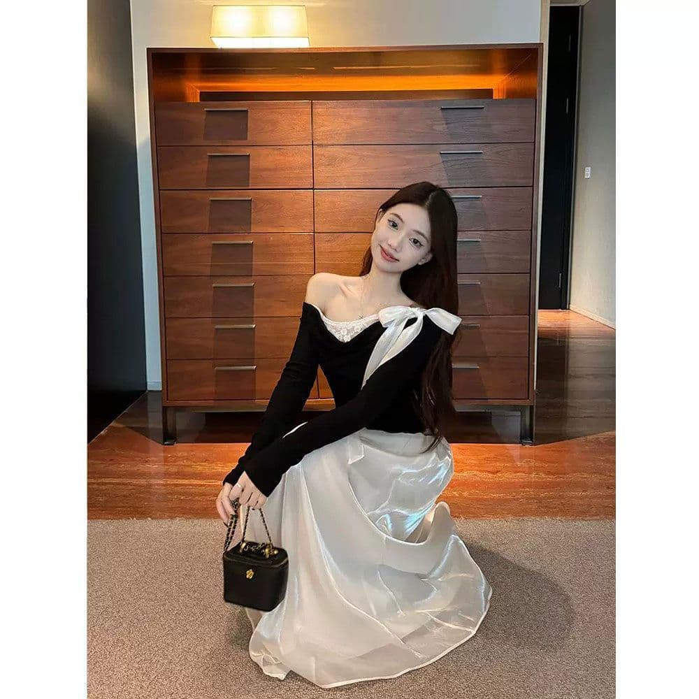 사람들 면 프랑스식 나비 매듭 레이스 조각 오프숄더 불규칙 검정색 티셔츠 여성 이른 봄 인사이드 가져 가라. 쇼트 스타일 맨위 이미지 5