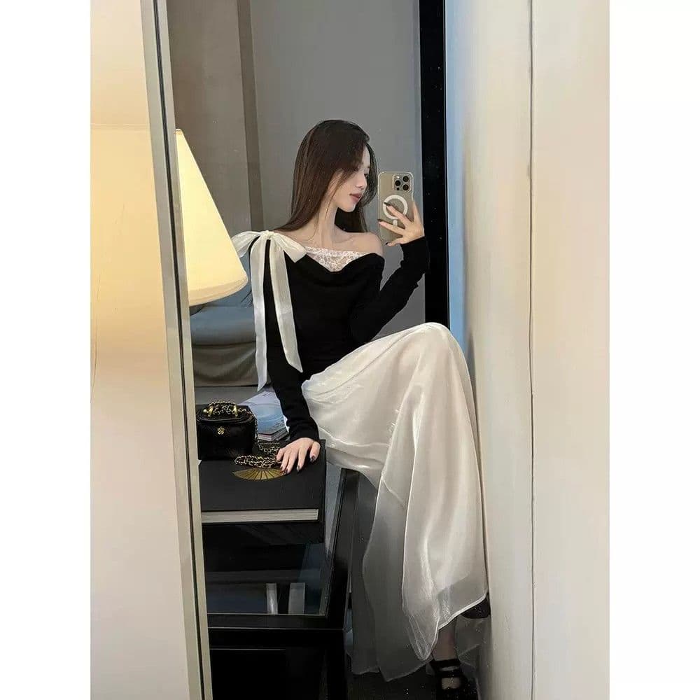 사람들 면 프랑스식 나비 매듭 레이스 조각 오프숄더 불규칙 검정색 티셔츠 여성 이른 봄 인사이드 가져 가라. 쇼트 스타일 맨위 이미지 2