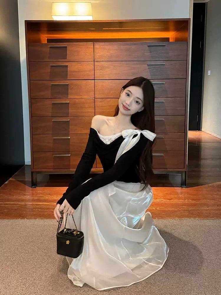 사람들 면 프랑스식 나비 매듭 레이스 조각 오프숄더 불규칙 검정색 티셔츠 여성 이른 봄 인사이드 가져 가라. 쇼트 스타일 맨위 상세 이미지 2