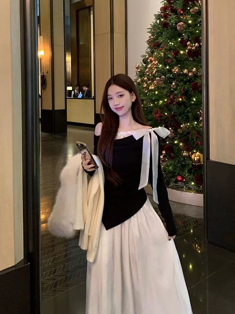 사람들 면 프랑스식 나비 매듭 레이스 조각 오프숄더 불규칙 검정색 티셔츠 여성 이른 봄 인사이드 가져 가라. 쇼트 스타일 맨위 상세 이미지 4