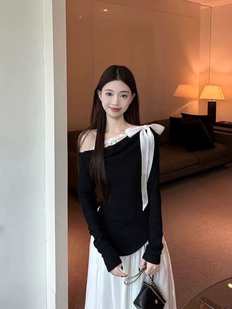 사람들 면 프랑스식 나비 매듭 레이스 조각 오프숄더 불규칙 검정색 티셔츠 여성 이른 봄 인사이드 가져 가라. 쇼트 스타일 맨위 상세 이미지 10
