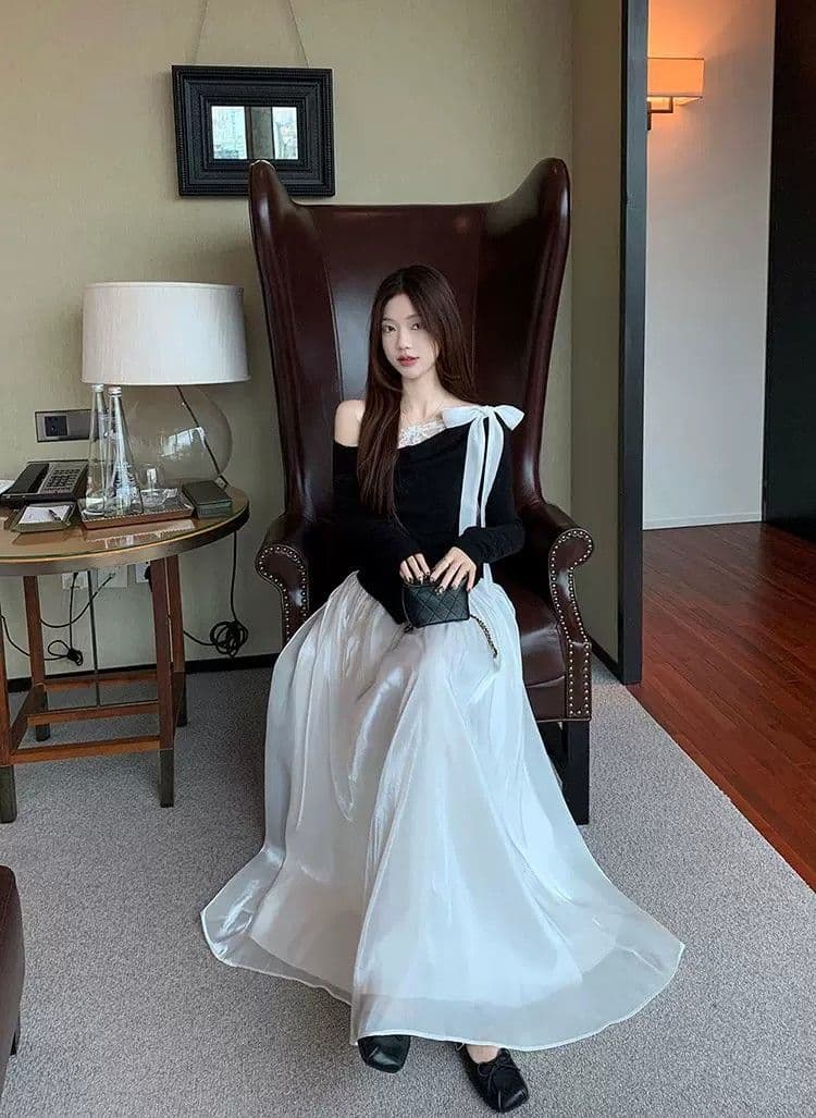 사람들 면 프랑스식 나비 매듭 레이스 조각 오프숄더 불규칙 검정색 티셔츠 여성 이른 봄 인사이드 가져 가라. 쇼트 스타일 맨위 상세 이미지 12