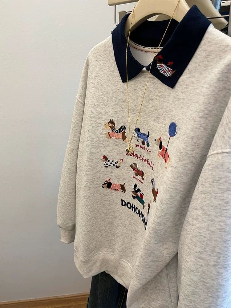 후아 면 복합 우유 실크 특별 빅 사이즈 300 근 자수 polo 폴로 칼라 후드티 여성 페이크 레이어드 맨위 이미지 4