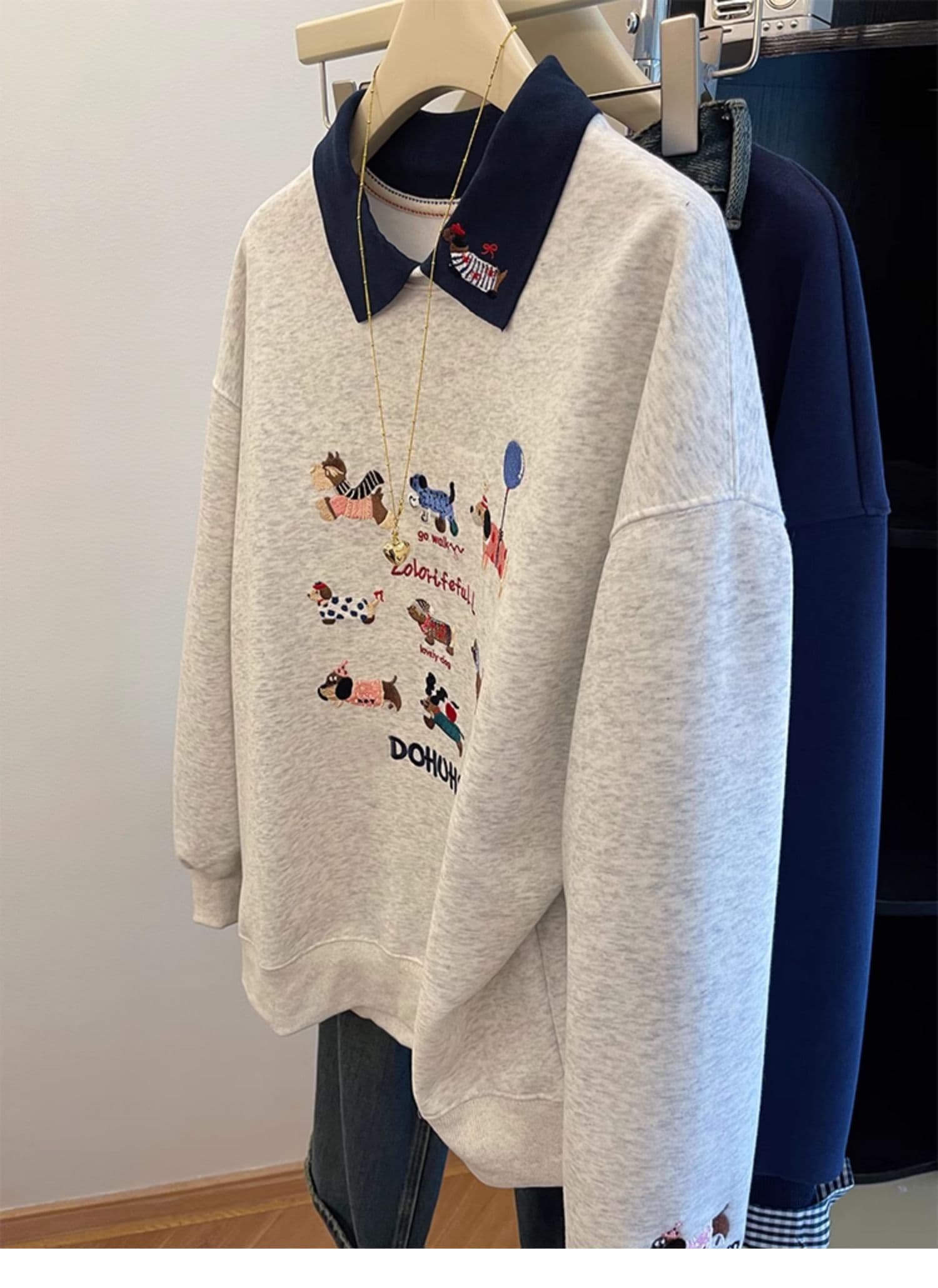 후아 면 복합 우유 실크 특별 빅 사이즈 300 근 자수 polo 폴로 칼라 후드티 여성 페이크 레이어드 맨위 상세 이미지 1