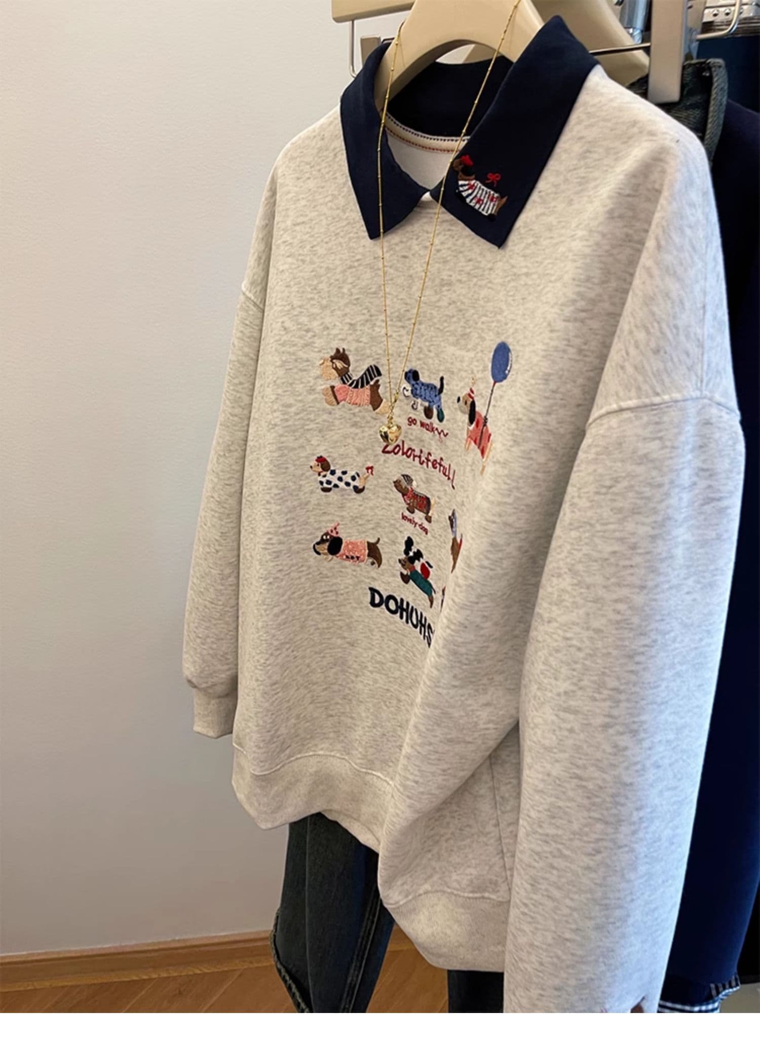 후아 면 복합 우유 실크 특별 빅 사이즈 300 근 자수 polo 폴로 칼라 후드티 여성 페이크 레이어드 맨위 상세 이미지 3