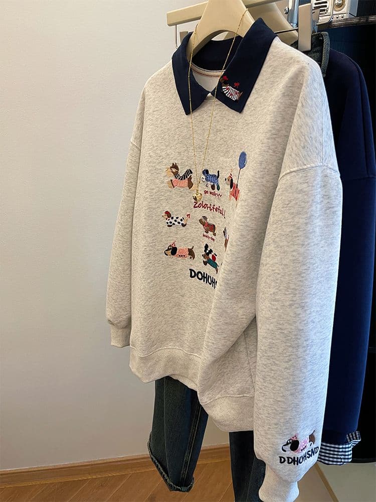 후아 면 복합 우유 실크 특별 빅 사이즈 300 근 자수 polo 폴로 칼라 후드티 여성 페이크 레이어드 맨위 상세 이미지 4