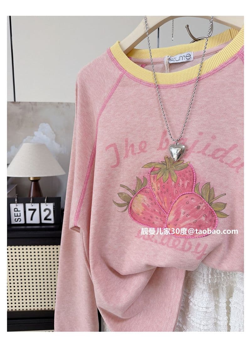 21 순면 특별 빅 사이즈 300 근 딸기 프린트 자수 루즈핏 맨위 긴팔 티셔츠 여성 상세 이미지 3