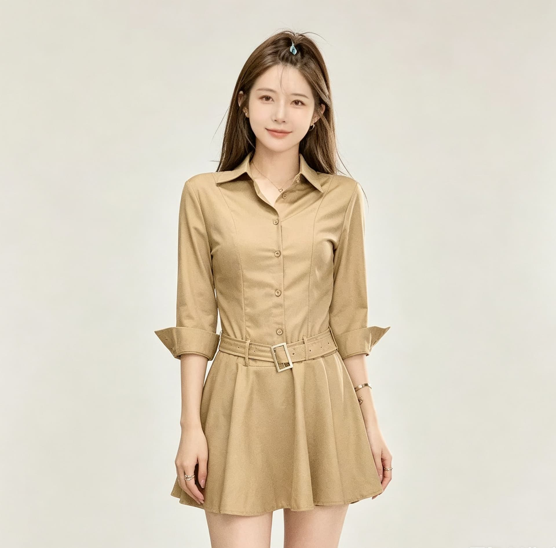 카키 색 셔츠 여성 드레스 폴로 칼라 싱글 줄 버튼 경기 금속 광장 버클 허리 수축 플리츠 미니 스커트 출퇴근 품격 상세 이미지 4