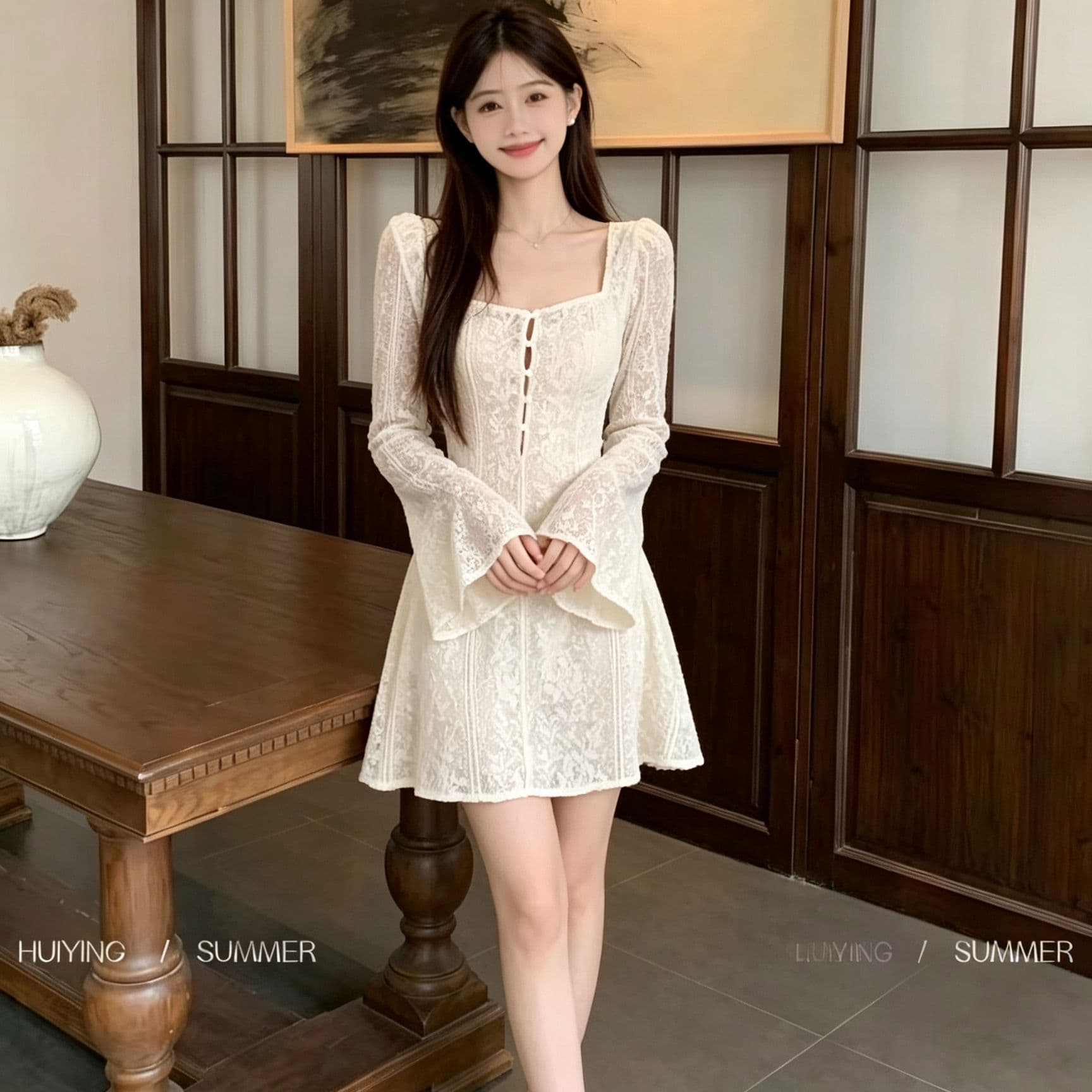 프랑스식 광장 칼라 레이스 여성 드레스 봄 가을 바람 나팔 긴팔 허리 수축 디스플레이 한 마디 쇼트 스타일 치마 품격 분위기 센스 이미지 2