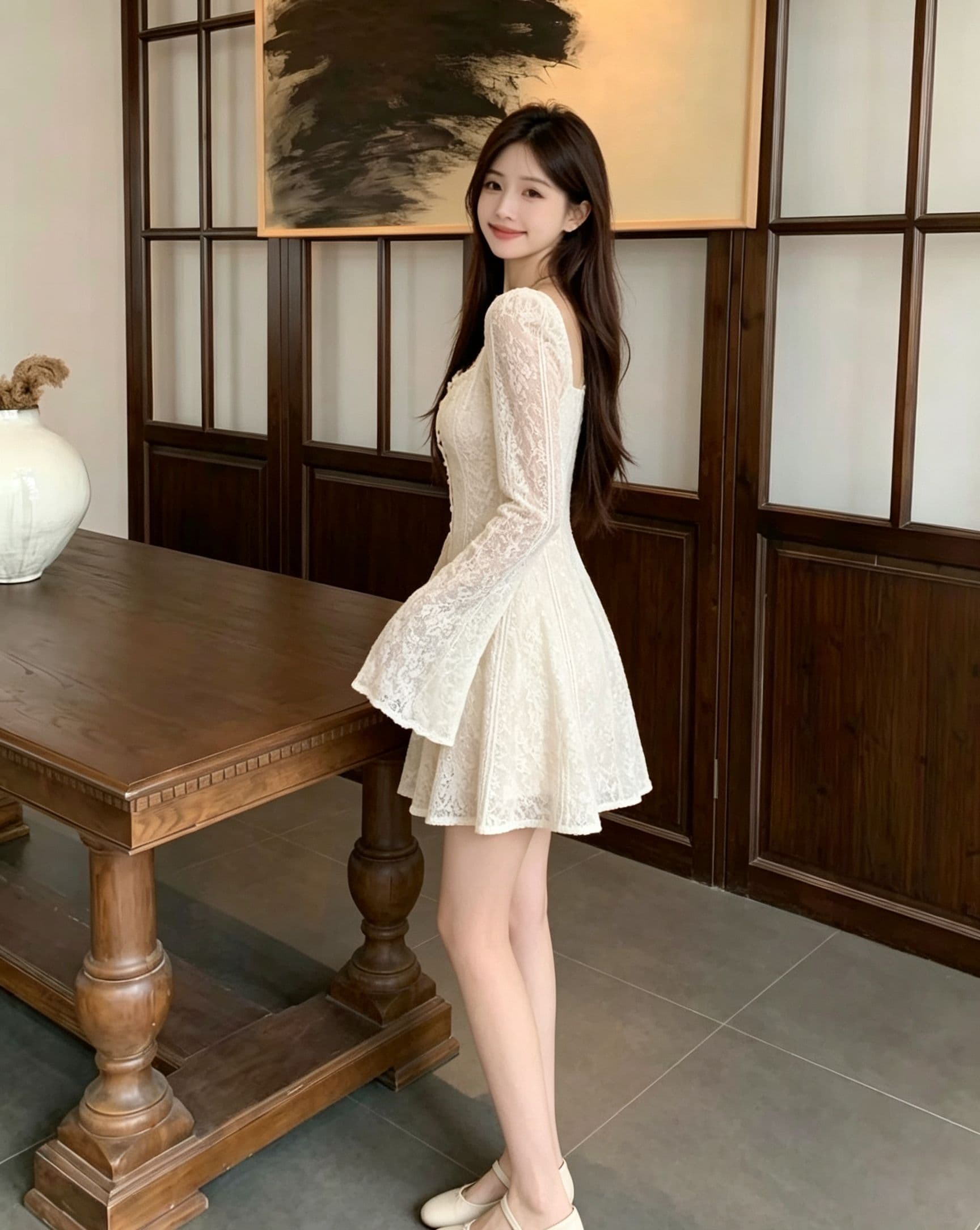 프랑스식 광장 칼라 레이스 여성 드레스 봄 가을 바람 나팔 긴팔 허리 수축 디스플레이 한 마디 쇼트 스타일 치마 품격 분위기 센스 상세 이미지 1