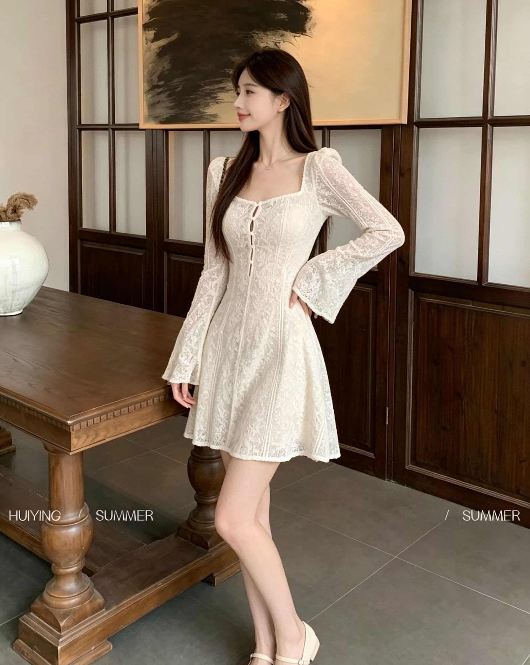 프랑스식 광장 칼라 레이스 여성 드레스 봄 가을 바람 나팔 긴팔 허리 수축 디스플레이 한 마디 쇼트 스타일 치마 품격 분위기 센스 상세 이미지 2