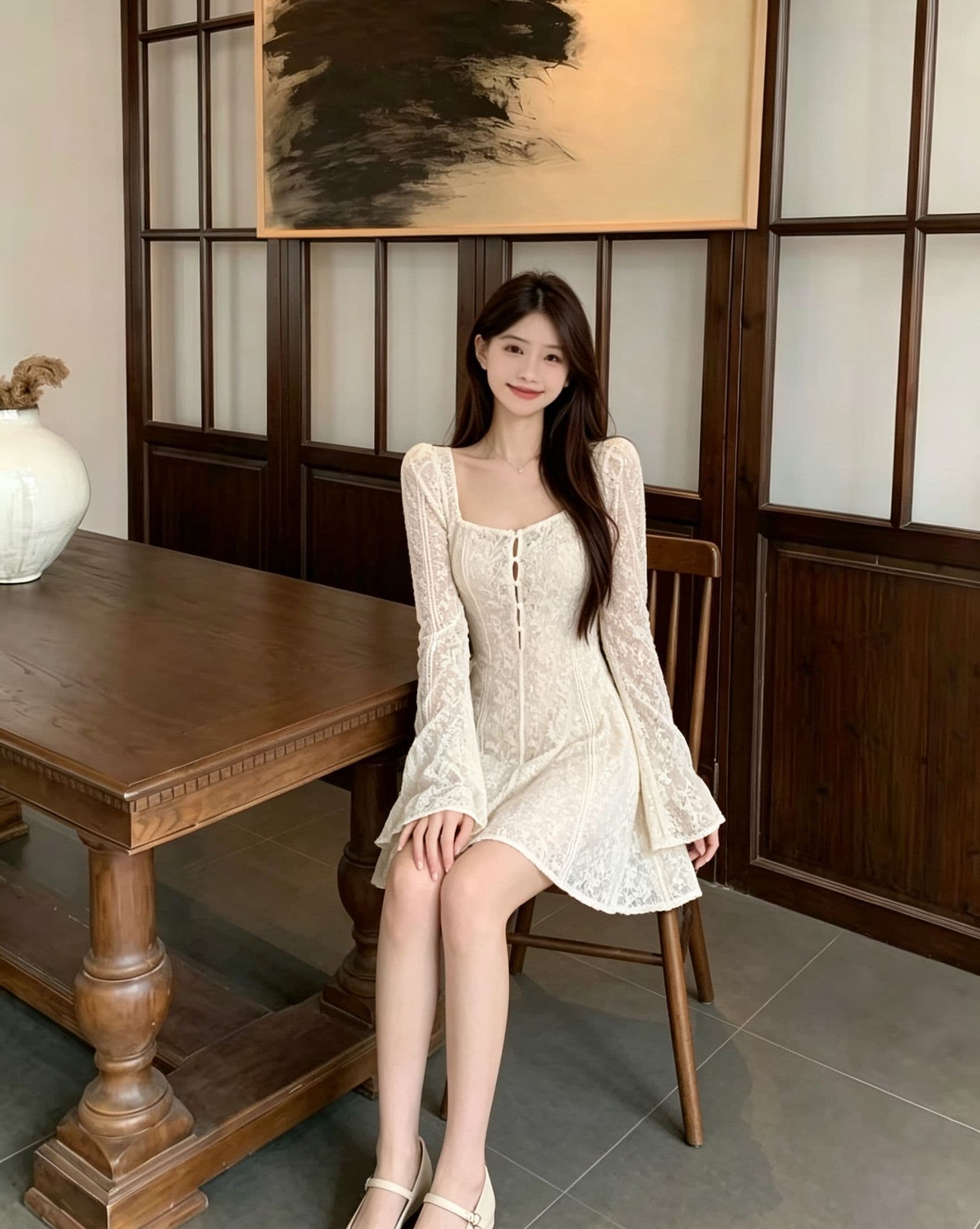 프랑스식 광장 칼라 레이스 여성 드레스 봄 가을 바람 나팔 긴팔 허리 수축 디스플레이 한 마디 쇼트 스타일 치마 품격 분위기 센스 상세 이미지 3