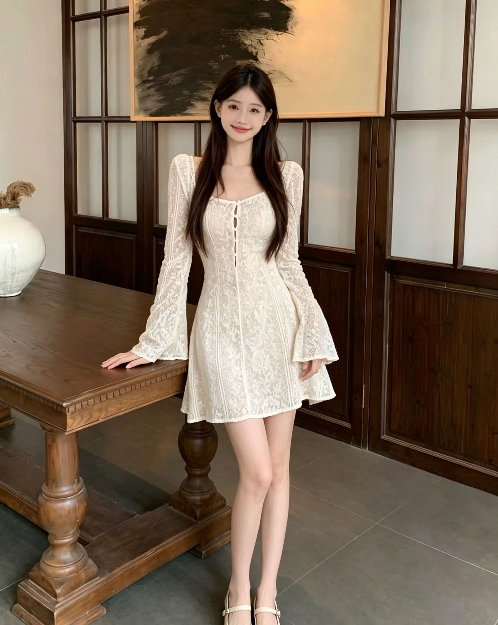 프랑스식 광장 칼라 레이스 여성 드레스 봄 가을 바람 나팔 긴팔 허리 수축 디스플레이 한 마디 쇼트 스타일 치마 품격 분위기 센스 상세 이미지 4