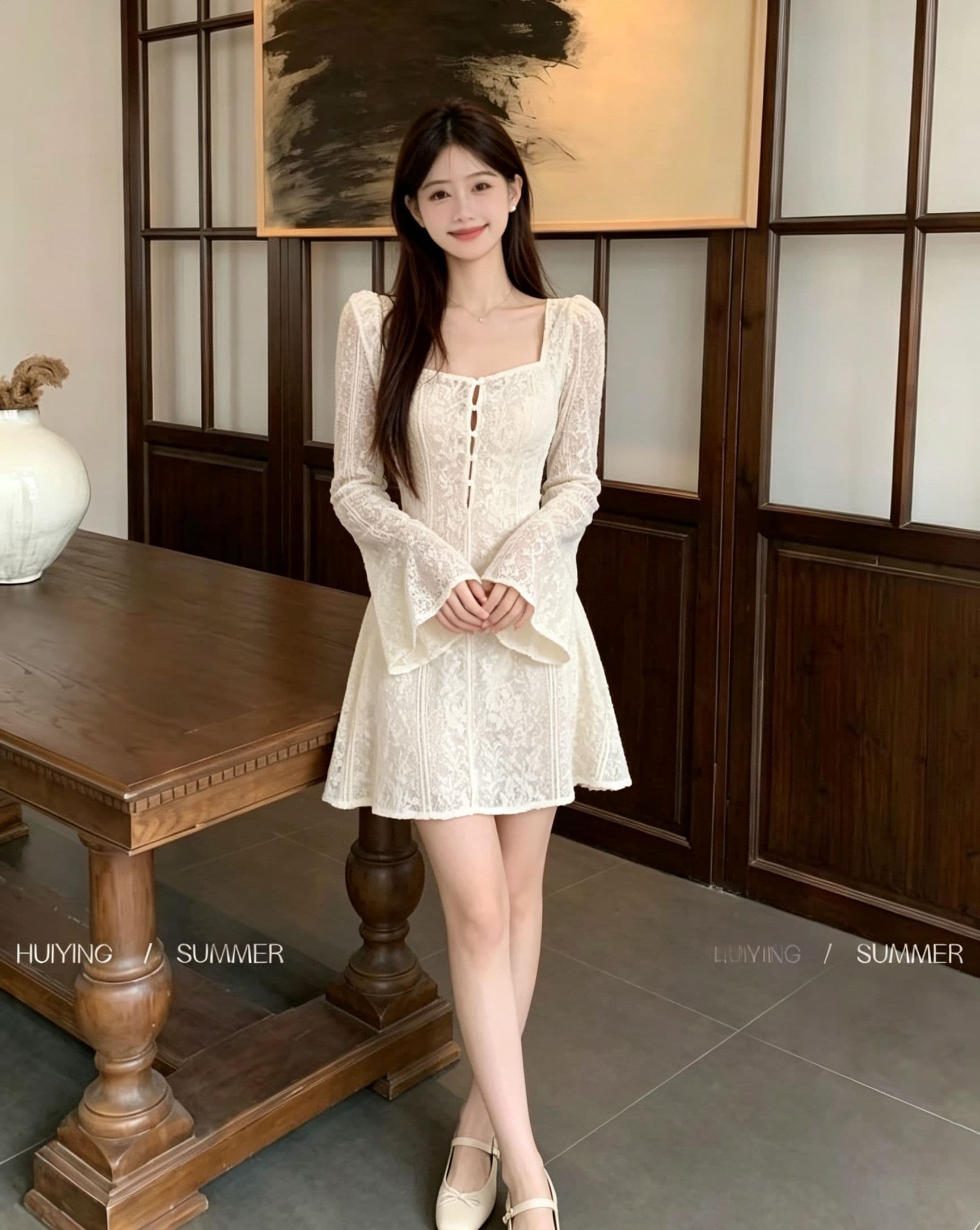 프랑스식 광장 칼라 레이스 여성 드레스 봄 가을 바람 나팔 긴팔 허리 수축 디스플레이 한 마디 쇼트 스타일 치마 품격 분위기 센스 상세 이미지 5