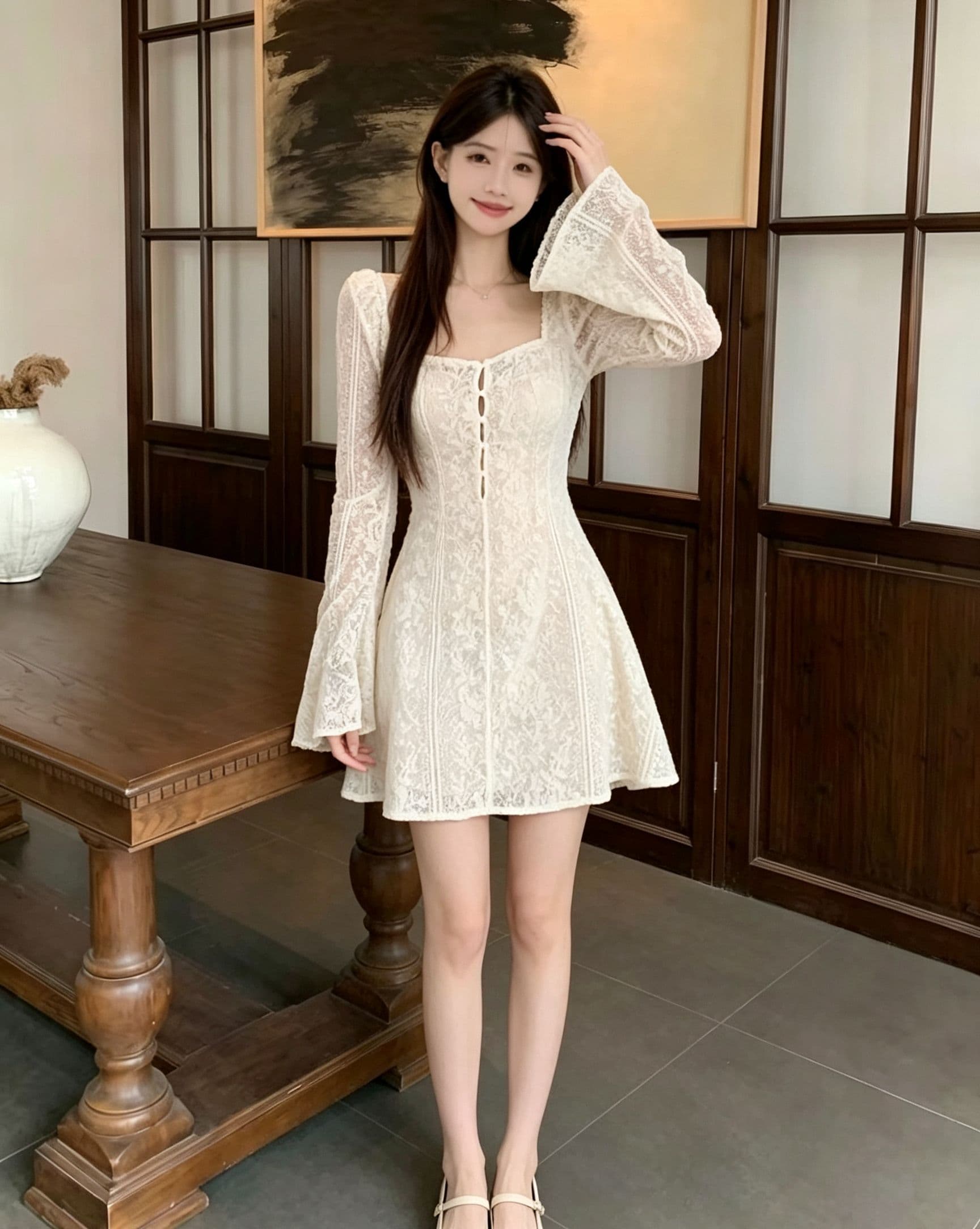 프랑스식 광장 칼라 레이스 여성 드레스 봄 가을 바람 나팔 긴팔 허리 수축 디스플레이 한 마디 쇼트 스타일 치마 품격 분위기 센스 상세 이미지 6