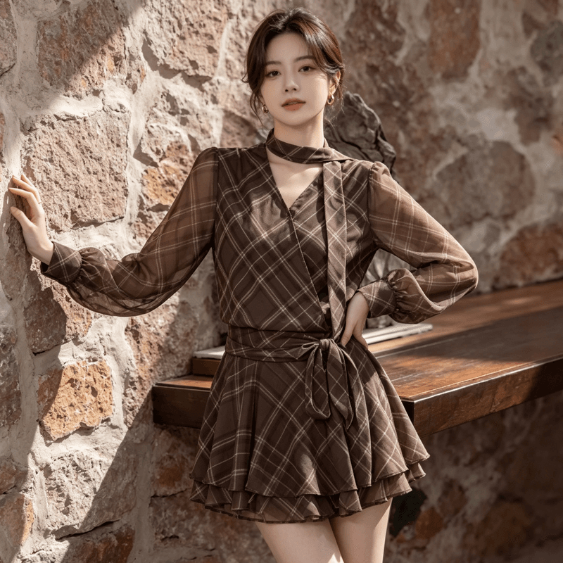 2026 조기 가을 여성 의류 커피 색상 체크무늬 리본 꼬집기 허리 미니 스커트 드레스 레트로 배 종류 몸 버클리 치마 상세 이미지 6