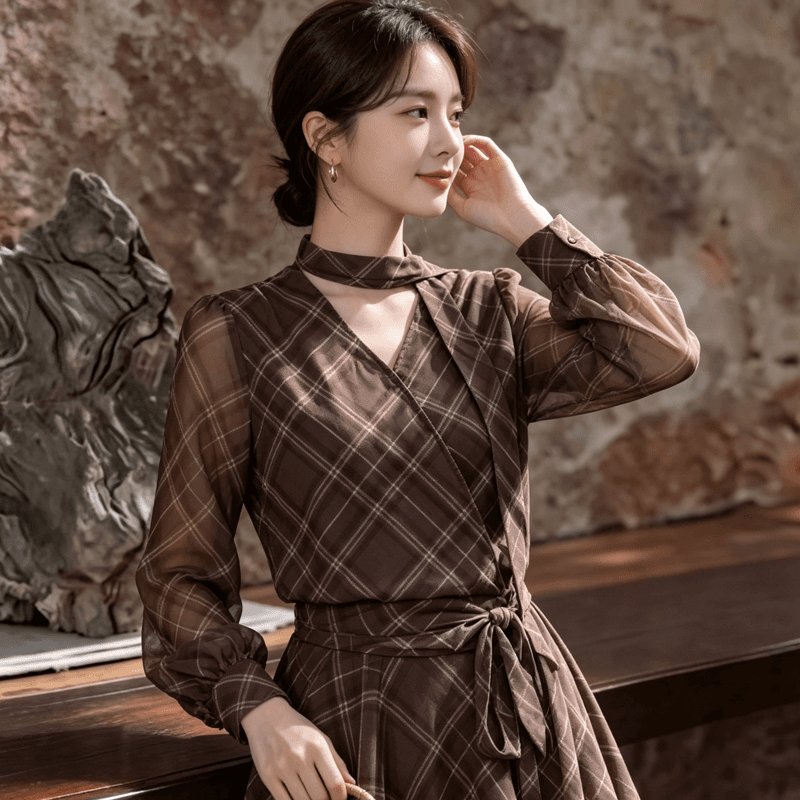 2026 조기 가을 여성 의류 커피 색상 체크무늬 리본 꼬집기 허리 미니 스커트 드레스 레트로 배 종류 몸 버클리 치마 상세 이미지 7