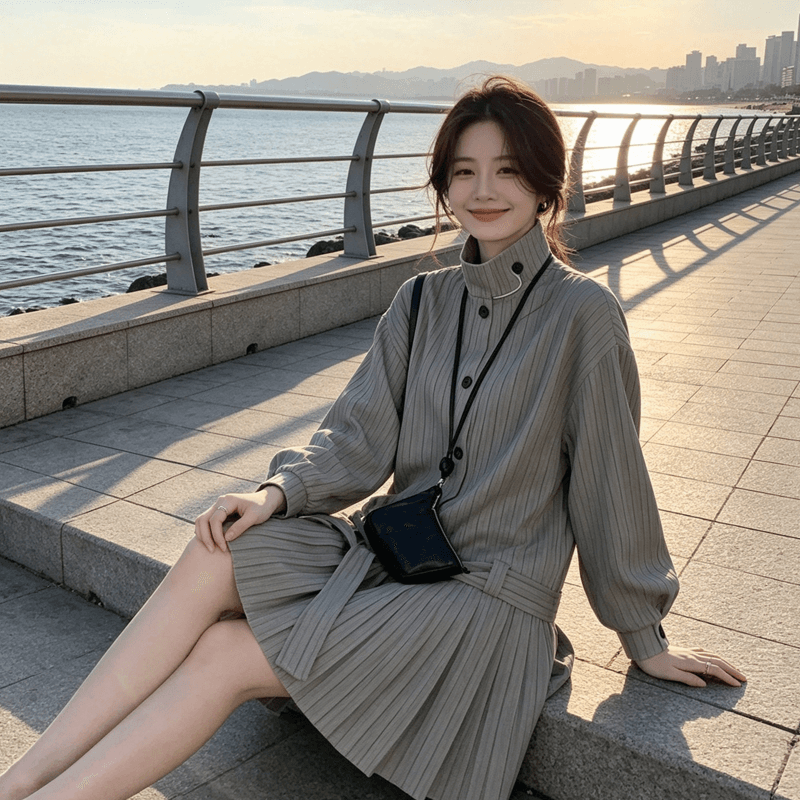 학원 스타일 자이언트 잘 생긴 스트라이프 바람 드레스 여성 봄 가을 2026 새로운 허리 수축 슬림해 보이는 작은 키 품격 드레스 상세 이미지 3